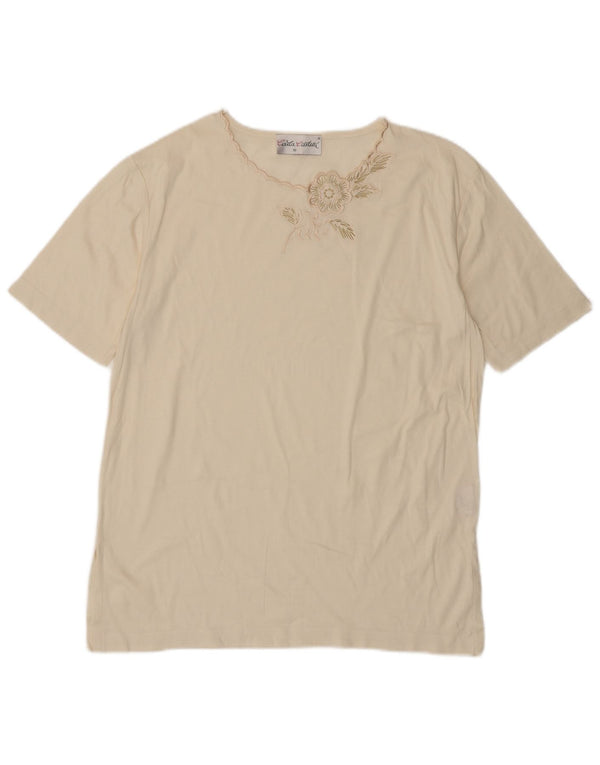 VINTAGE Camiseta de Mujer Top EU 38 Medio Off Blanco Algodón Floral