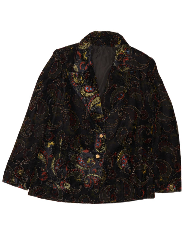 Vintage mujer 2 botones terciopelo Blazer chaqueta Reino Unido 12 medio negro Paisley
