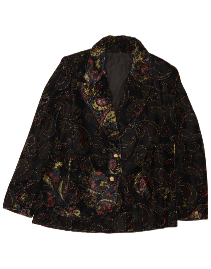 Vintage mujer 2 botones terciopelo Blazer chaqueta Reino Unido 12 medio negro Paisley