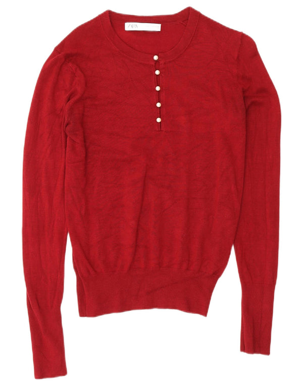 Zara - Jersey con cuello y botones para mujer, talla 40, talla mediana, viscosa burdeos