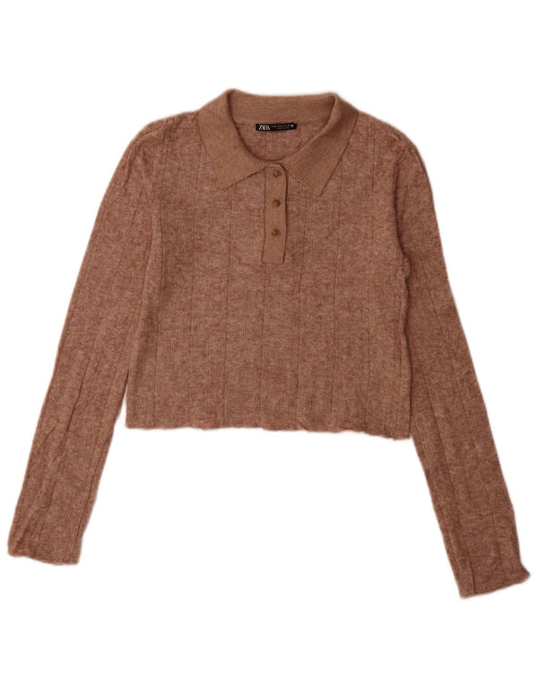 Zara Mujer Crop Polo Neck Jumper Sweater UK 10 Small Marrón