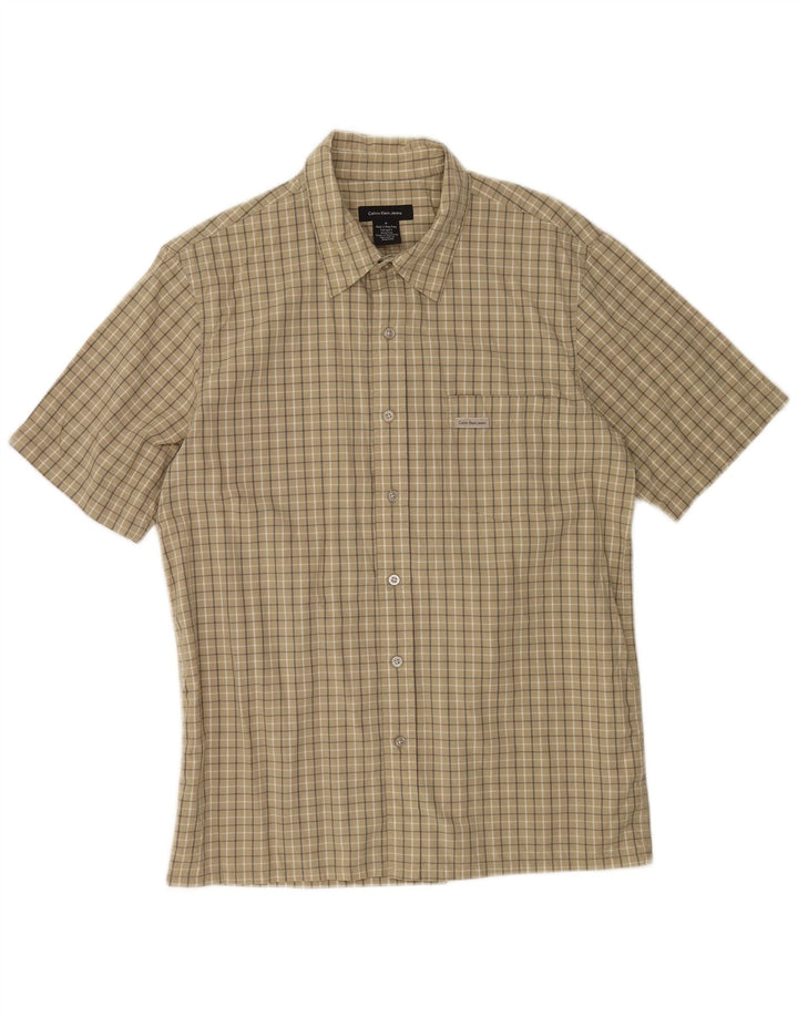 Camisa Calvin Klein Jeans Hombre Manga Corta Algodón A Cuadros Caqui Mediano