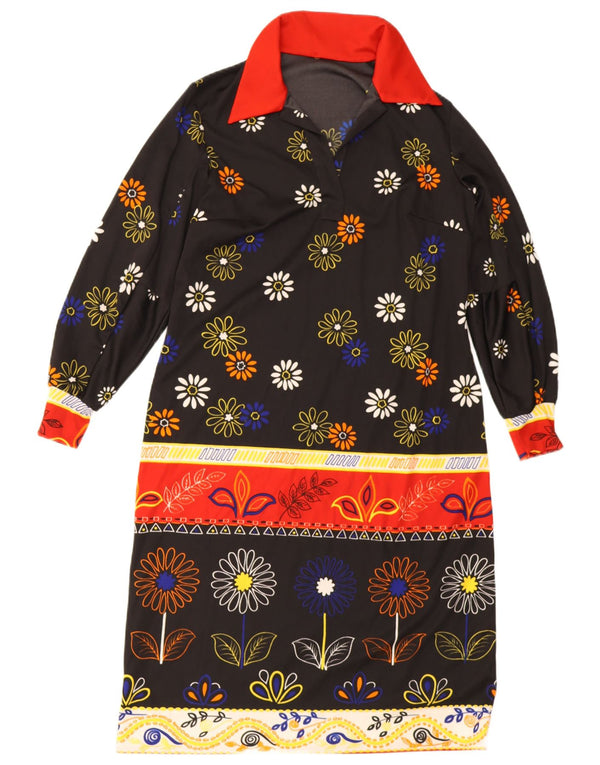 Vintage mujer gráfico manga larga cambio vestido Reino Unido 14 grande negro floral