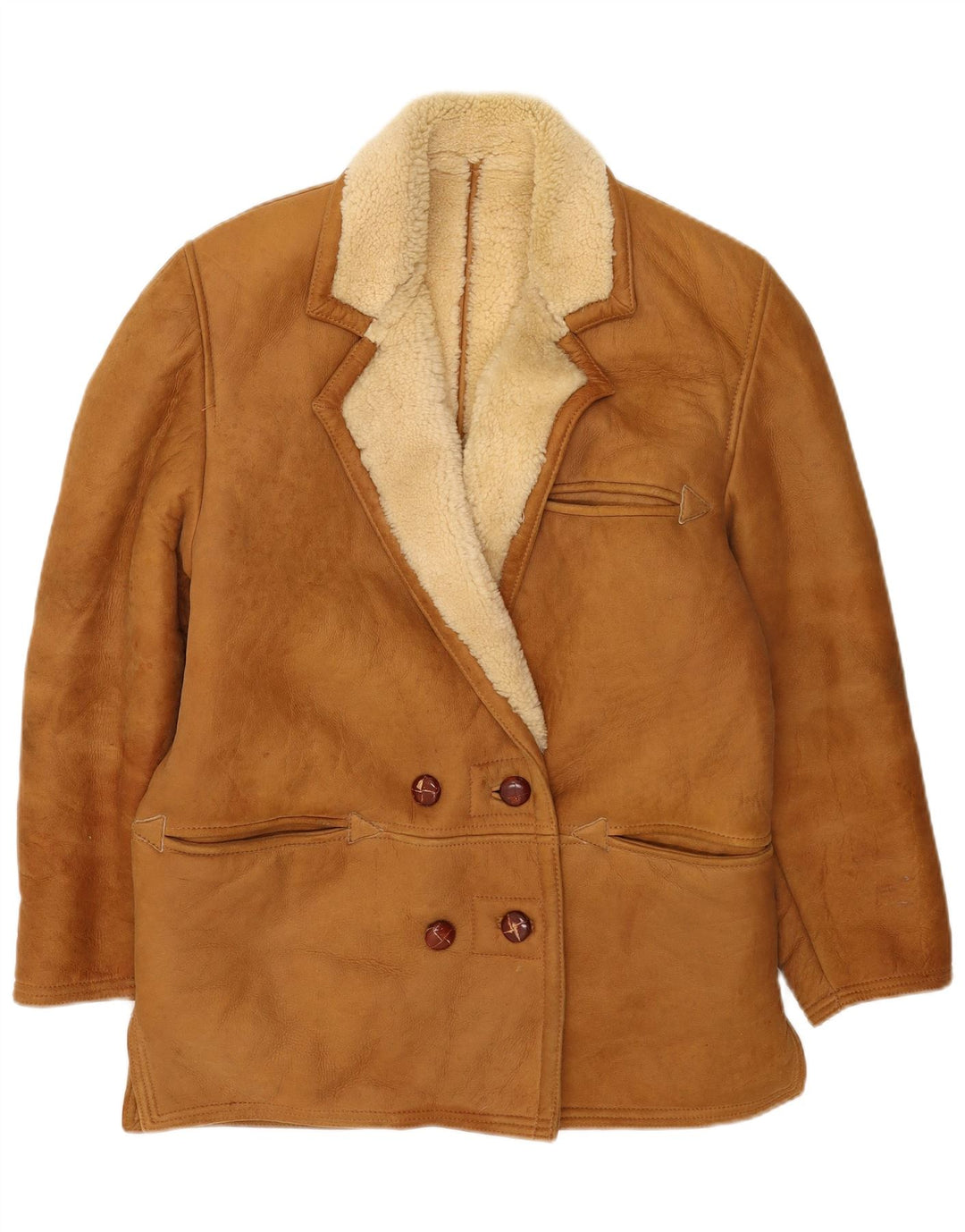 Vintage mujer doble pecho shearling chaqueta Reino Unido 14 grande beige
