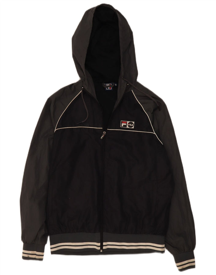 Fila Chaqueta impermeable con capucha para hombre, poliéster color block, talla pequeña, color negro