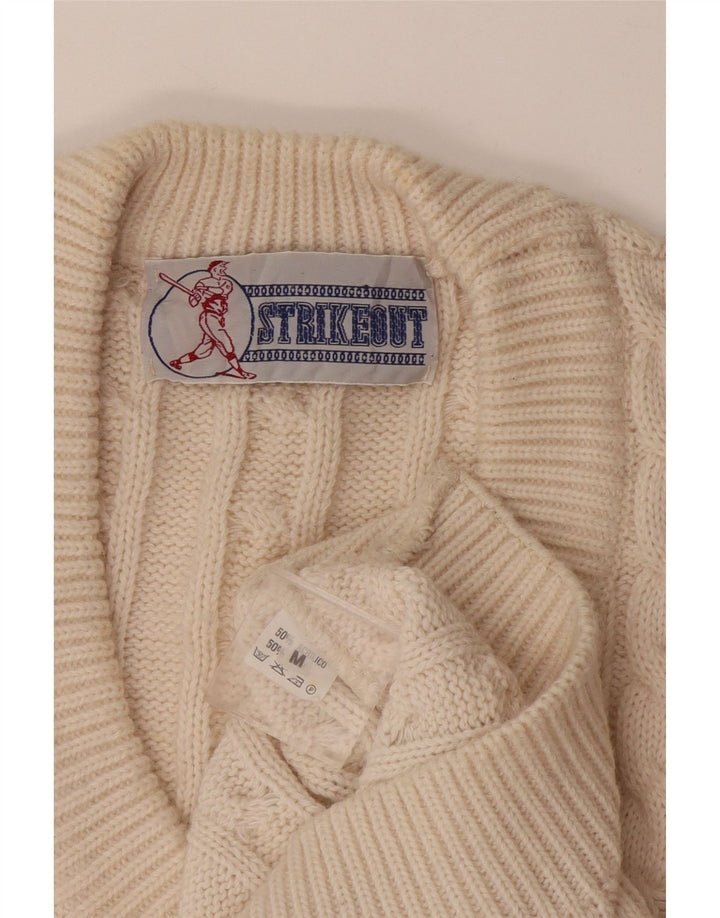 Vintage hombres V-cuello jumper suéter medio apagado acrílico blanco