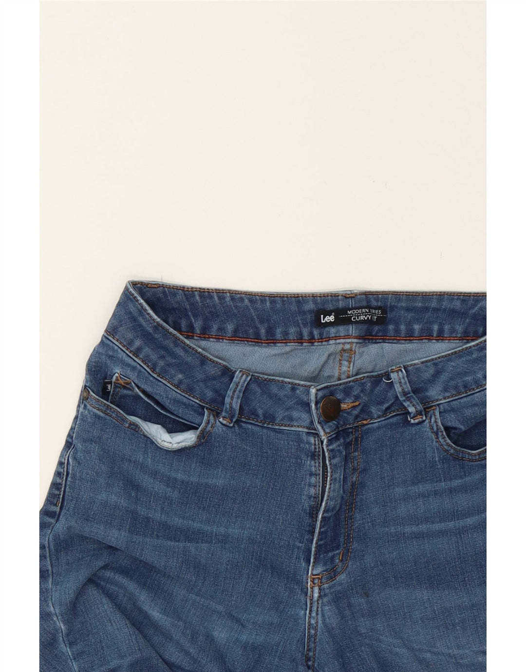 LEE Womens Curvy Fit Bermuda Denim Shorts W30 Medium Blue Vintage Lee and Second-Hand Lee from Messina Hembry 