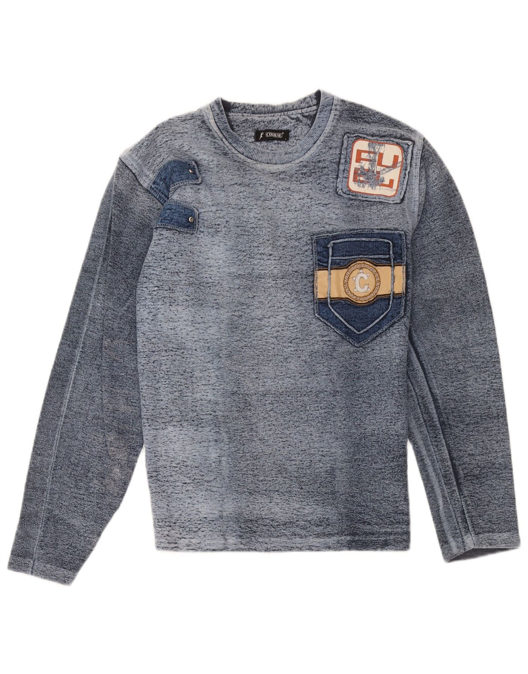 Course Top gráfico para hombre de manga larga de algodón moteado en azul marino grande
