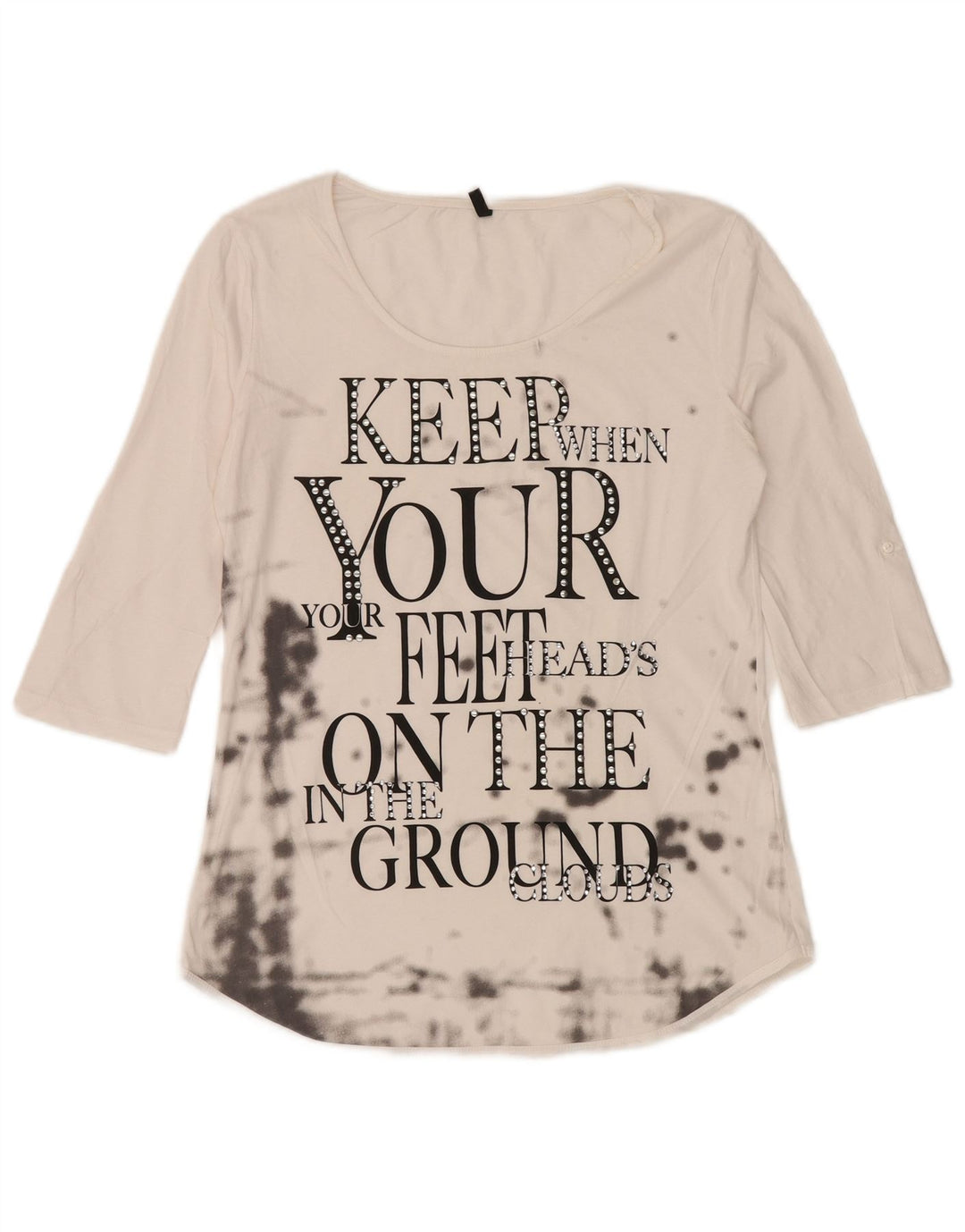 BENETTON Top gráfico para mujer manga 3/4 UK 12 Medium White