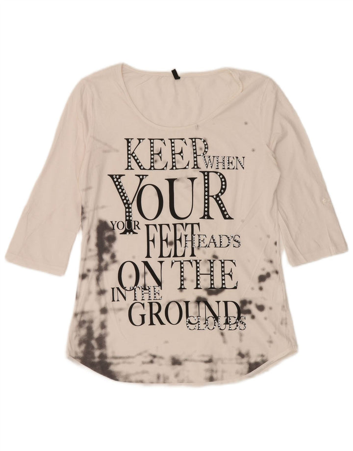 BENETTON Top gráfico para mujer manga 3/4 UK 12 Medium White