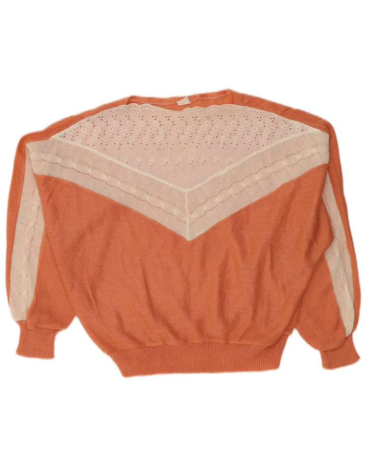 VINTAGE Mujer Barco Cuello Jersey Suéter Reino Unido 14 Bloque de color naranja medio