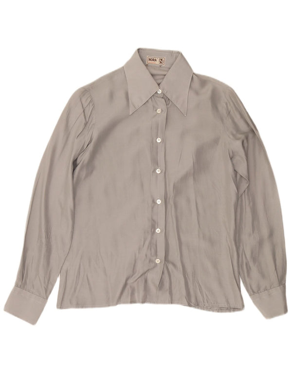 VINTAGE Blusa camisa mujer Reino Unido 12 Seda gris medio