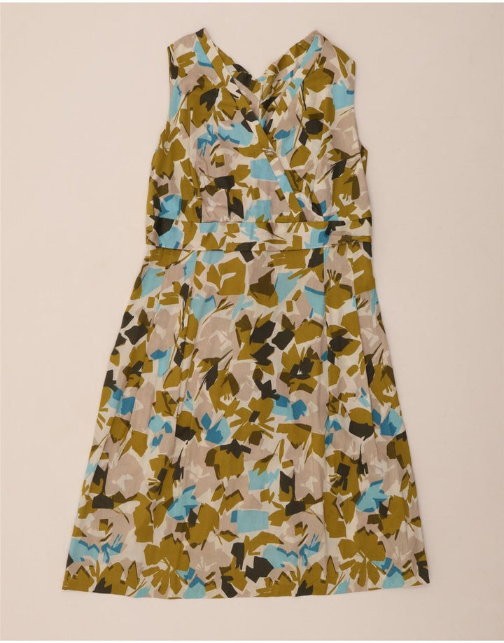 VINTAGE mujer patrón abstracto sin mangas A-Line vestido Reino Unido 12 verde medio
