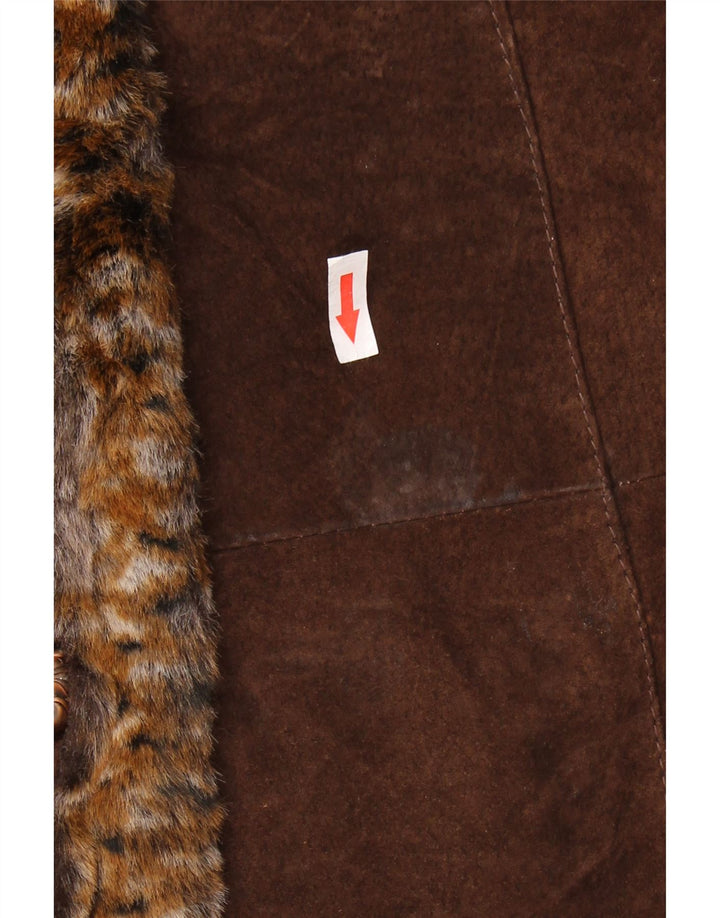 Vintage mujer ante abrigo Reino Unido 14 gran marrón animal impresión cuero