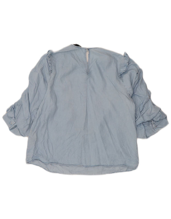 Zara Blusa de manga 3/4 con volantes en la parte delantera para mujer UK 10 Small Blue Lyocell