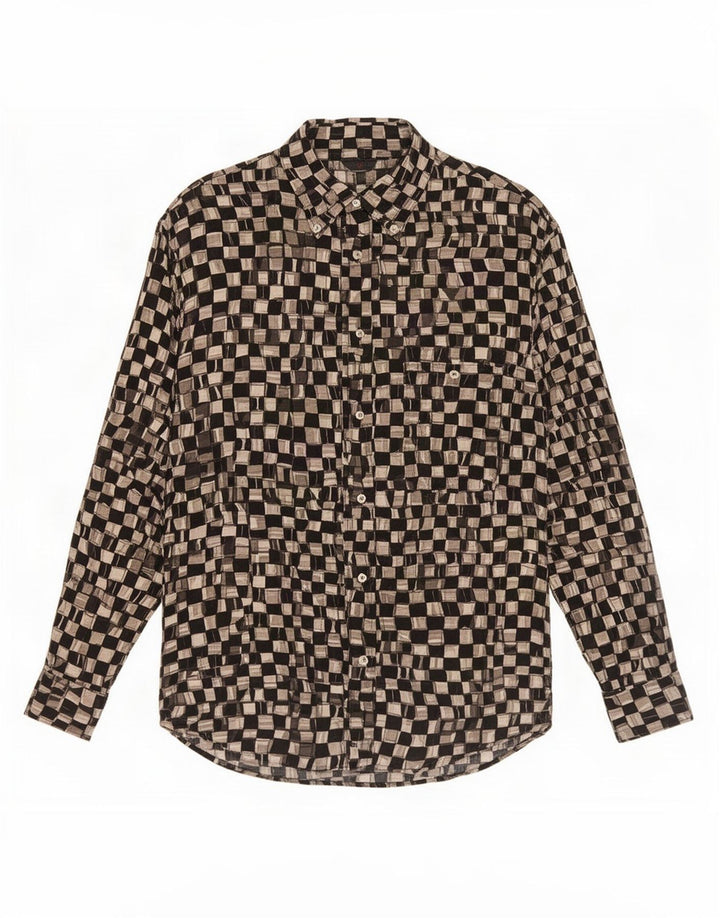 Camisa vintage para hombre pequeña viscosa geométrica negra
