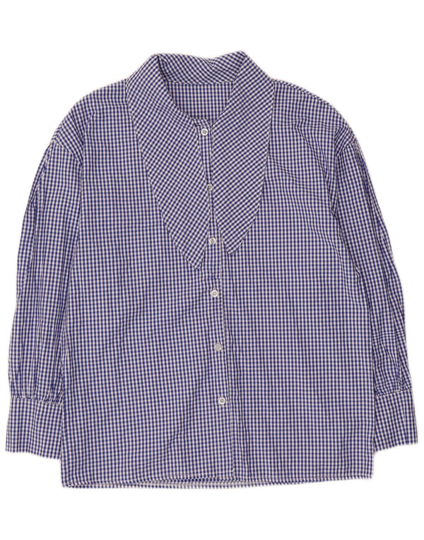 Vintage mujer 3/4 manga delantera corbata camisa blusa Reino Unido 14 medio azul Gingham