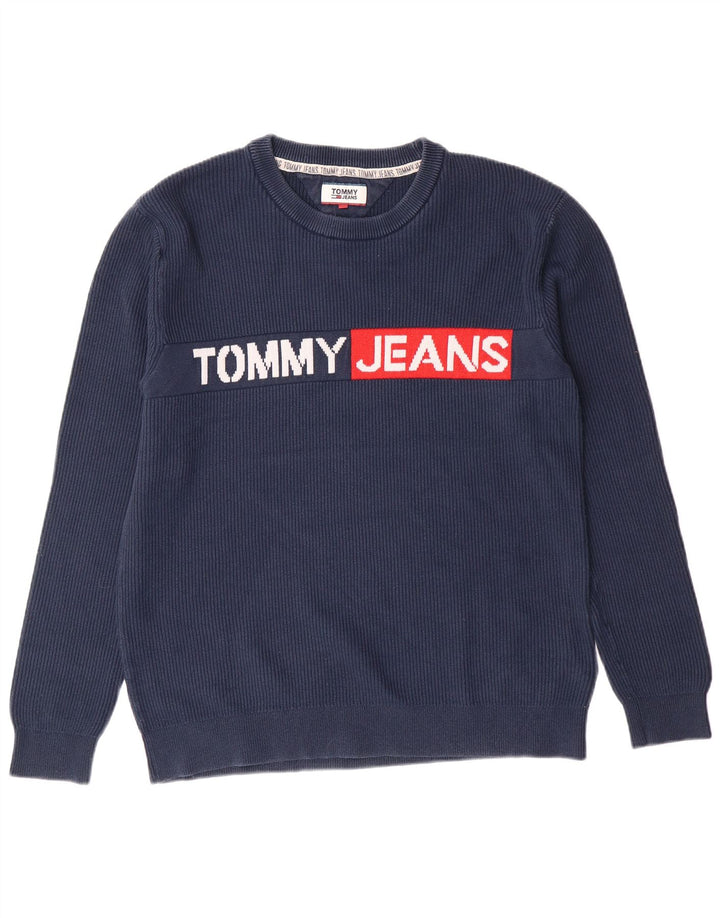 TOMMY HILFIGER Mens Graphic Crew Neck Jumper Sweater Medium Navy Blue