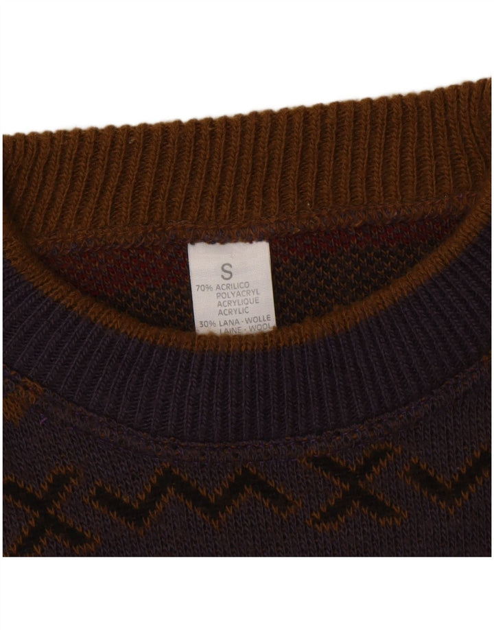 Vintage hombres cuello redondo jersey suéter pequeño multicolor Chevron acrílico