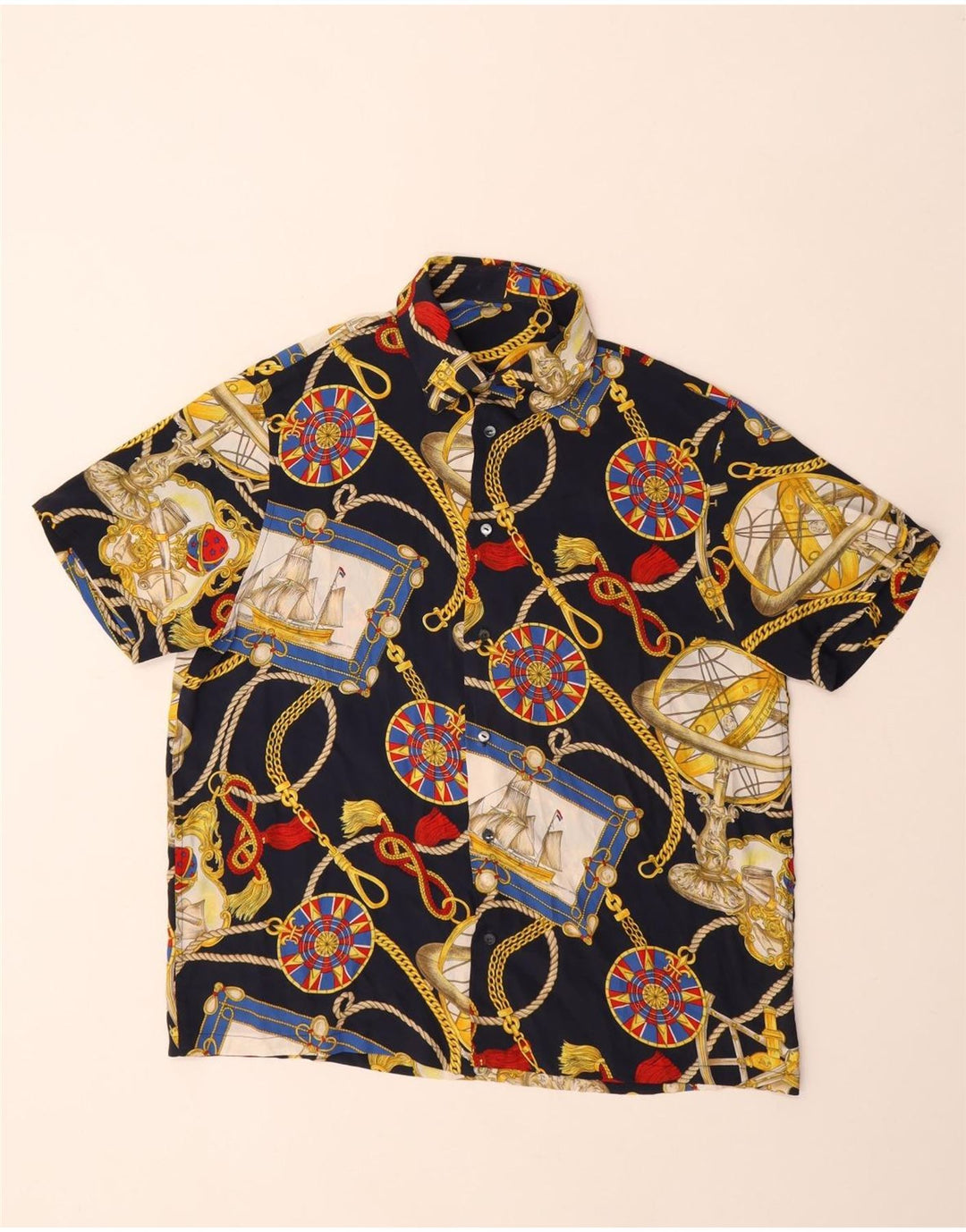 Vintage hombres patrón abstracto camisa de manga corta medio azul marino
