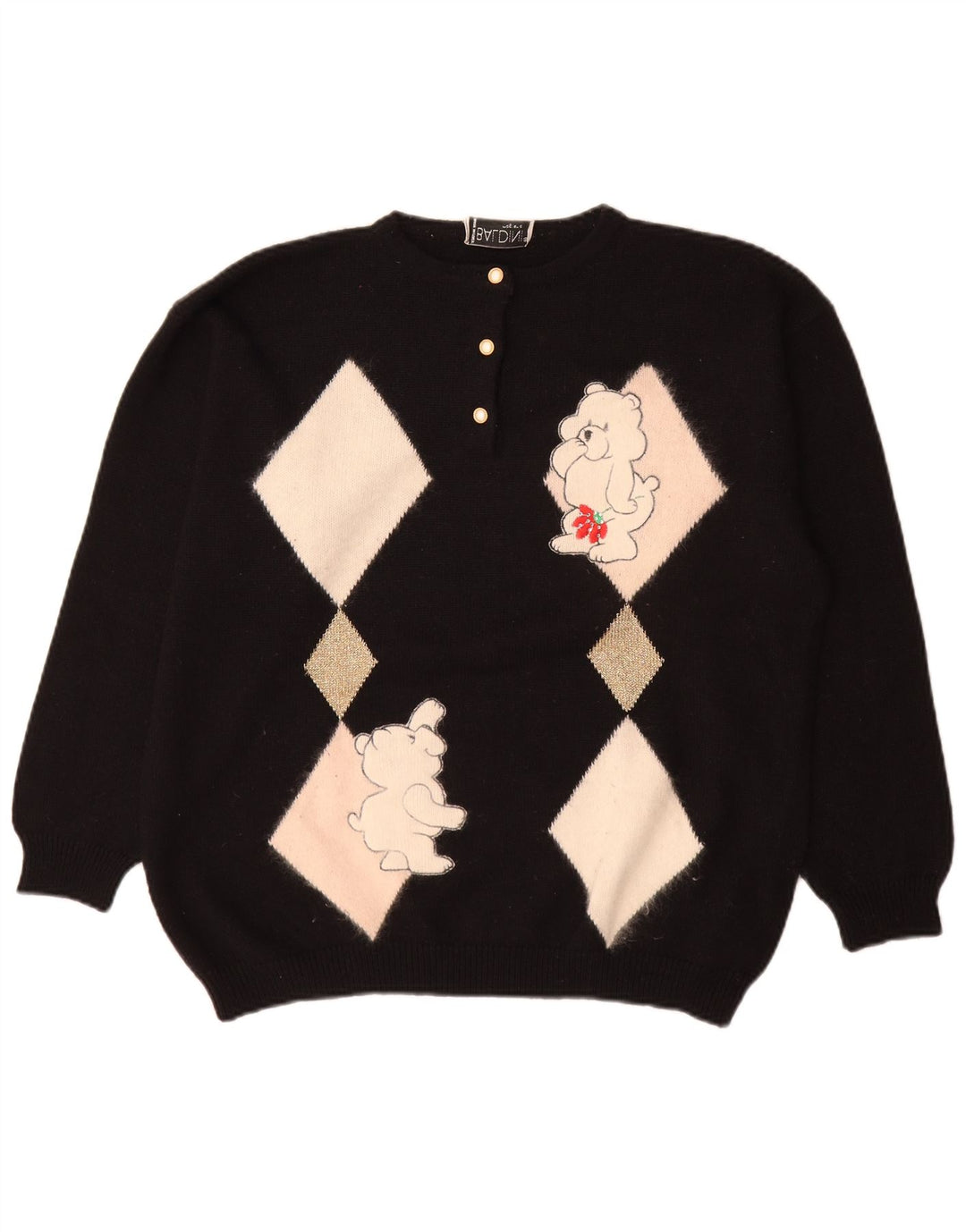 Baldini Suéter tipo jersey con cuello y botones para mujer UK 46 Large Black Argyle/Diamond