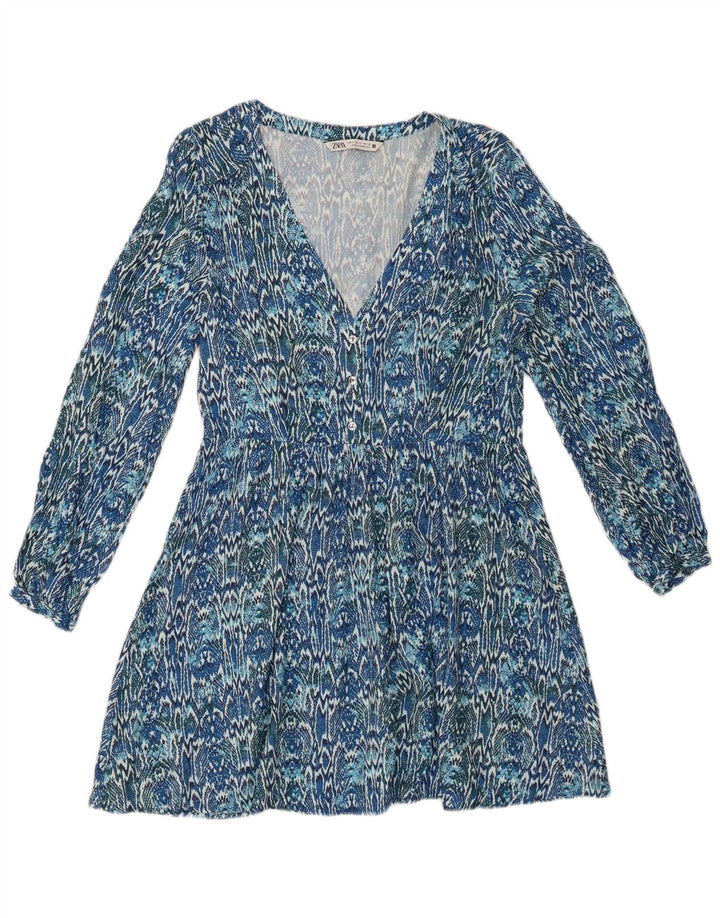 ZARA Vestido acampanado de manga larga para mujer ES 40 Small Azul Ikat Viscosa