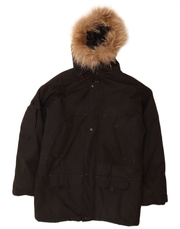 Vintage hombres con capucha Parka chaqueta Reino Unido 38 mediano negro nylon