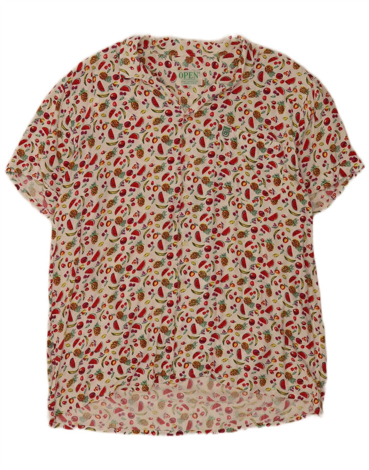 Vintage hombres patrón abstracto camisa de manga corta XL blanco