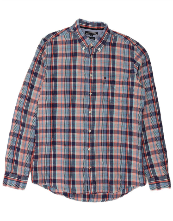 Tommy Hilfiger Camisa Hombre XL Lino A Cuadros Azul