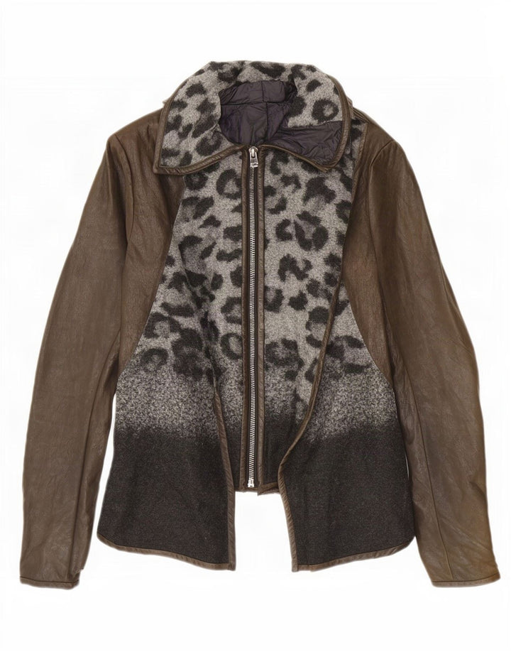 Vintage mujer chaqueta de cuero Reino Unido 10 pequeño marrón animal print