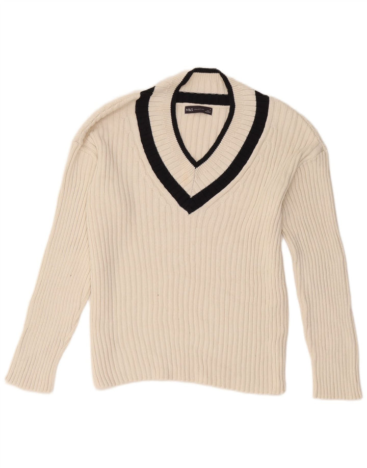 Marks & Spencer Jersey con cuello en V para mujer UK 44 Mediano Blanco Colorblock