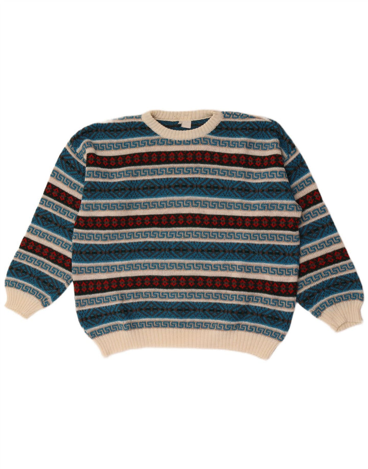 Vintage hombres cuello redondo jersey suéter XL multicolor geométrico