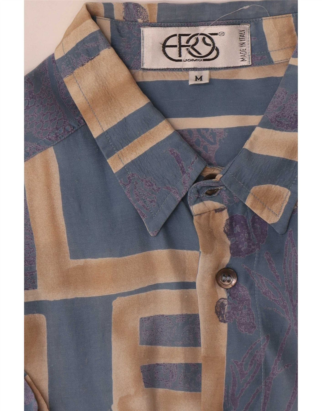 Camisa vintage de manga corta para hombre viscosa geométrica azul medio
