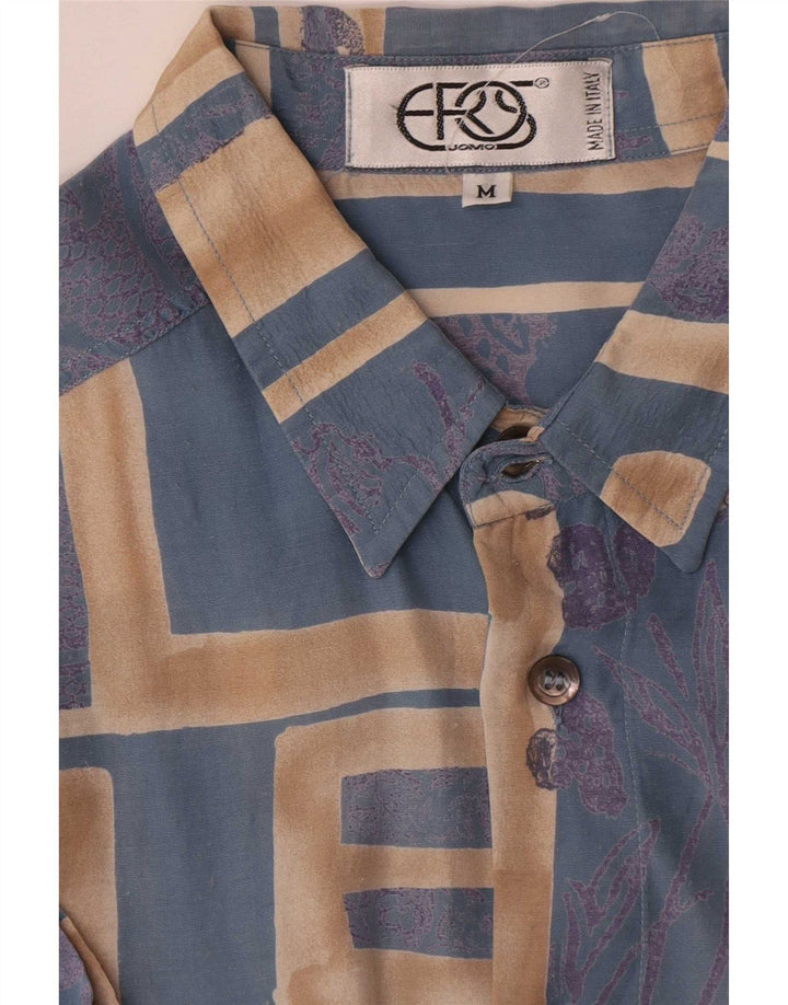 Camisa vintage de manga corta para hombre viscosa geométrica azul medio