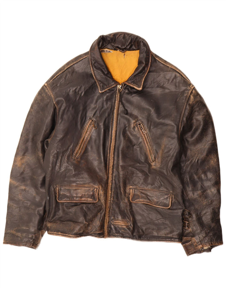 Chaqueta de cuero vintage para hombre Reino Unido 44 2XL Marrón