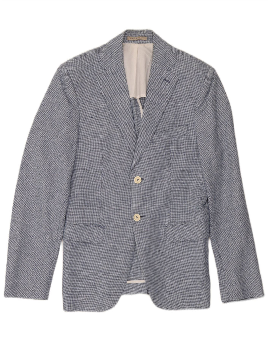 Zara Chaqueta tipo blazer de 2 botones para hombre EU 46 Small Blue Houndstooth Linen