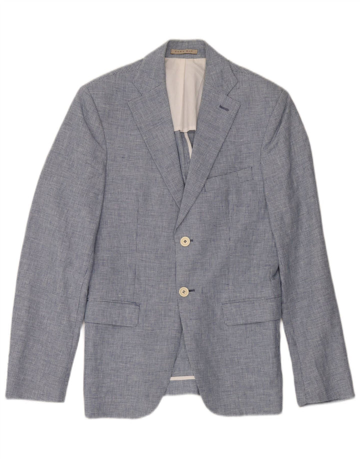 Zara Chaqueta tipo blazer de 2 botones para hombre EU 46 Small Blue Houndstooth Linen