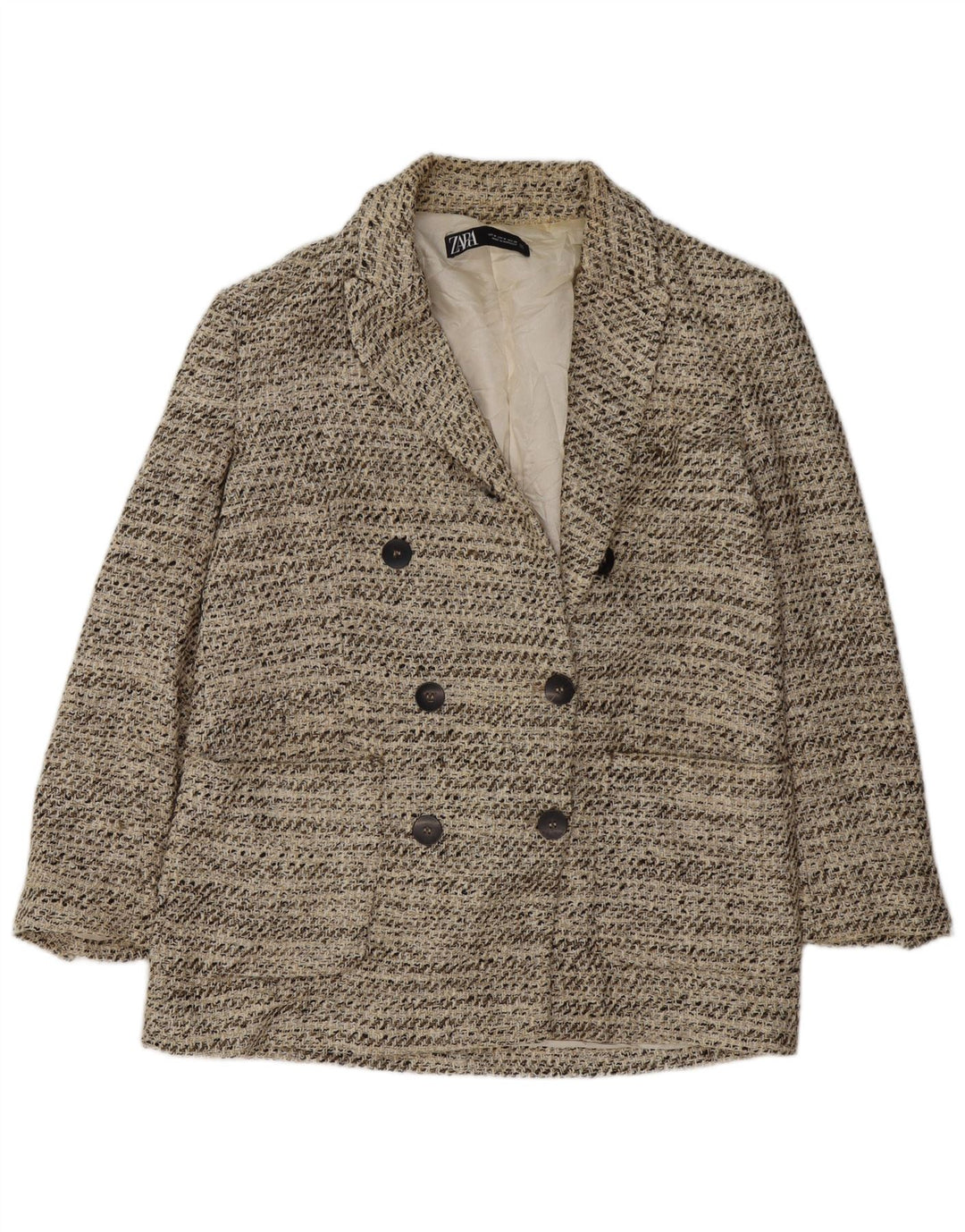 Zara Chaqueta Blazer De Doble Botonadura para Mujer UK 44 Algodón Moteado Beige Medio