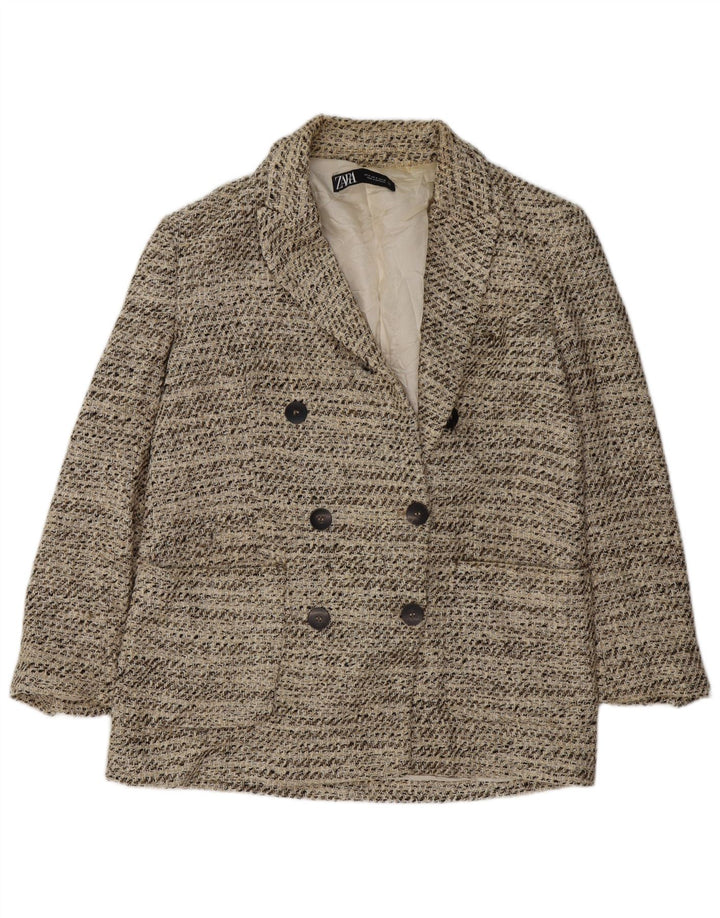 Zara Chaqueta Blazer De Doble Botonadura para Mujer UK 44 Algodón Moteado Beige Medio