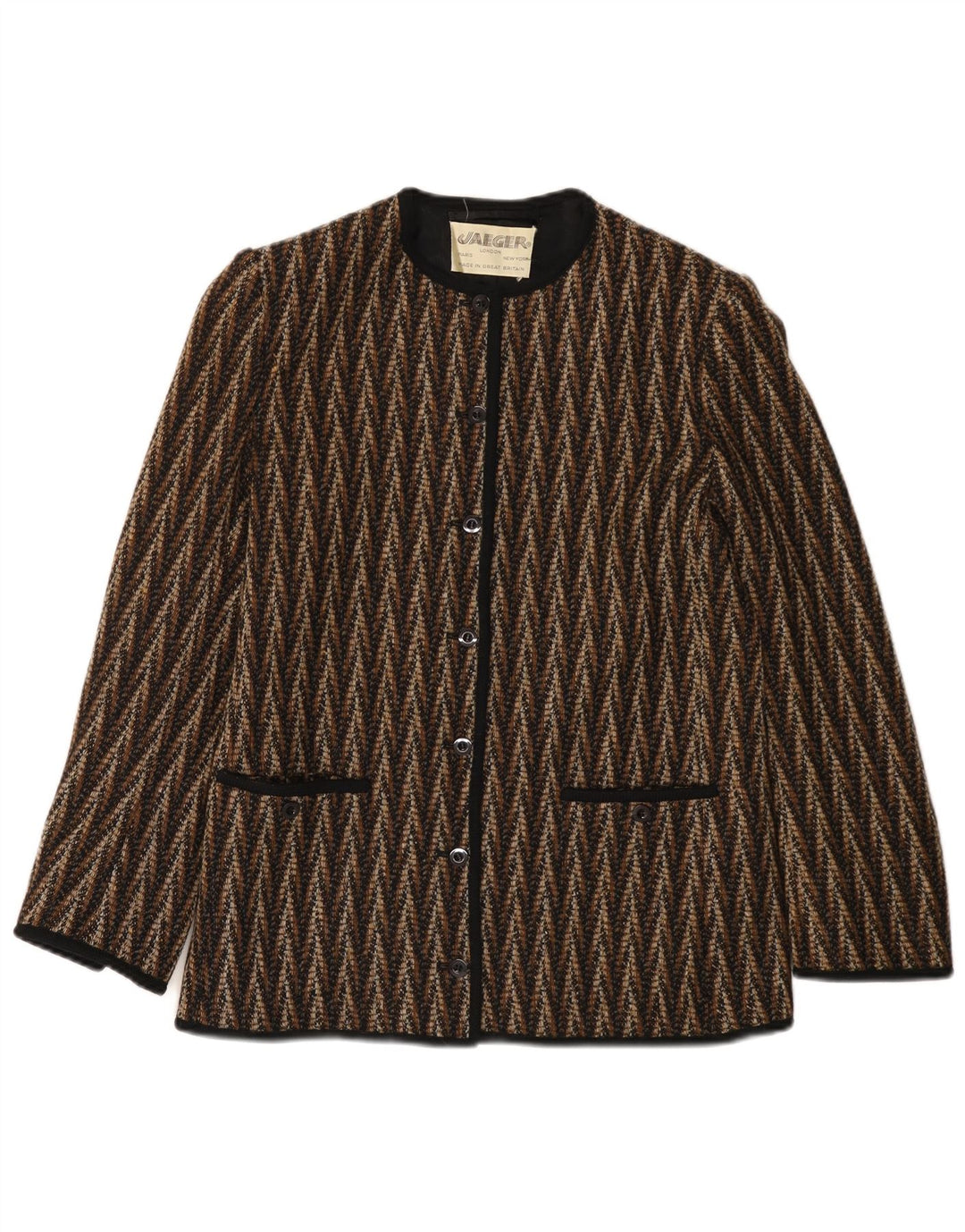 JAEGER Chaqueta tipo blazer de 7 botones para mujer UK 8 Small Brown Chevron Wool