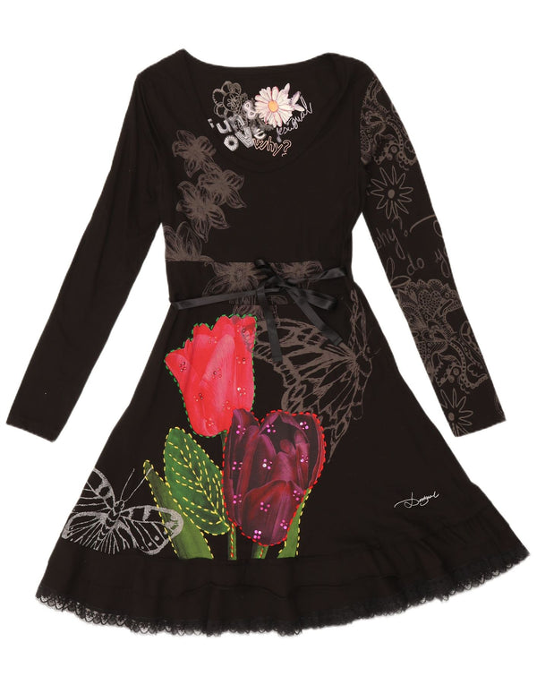 Desigual Vestido Acampanado para Mujer UK 40 Mediano Negro Floral Colorido