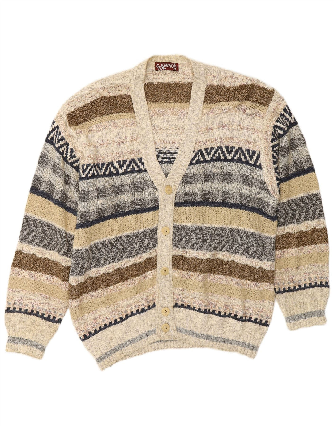 VINTAGE Hombres Cardigan Suéter Grande Beige Rayas