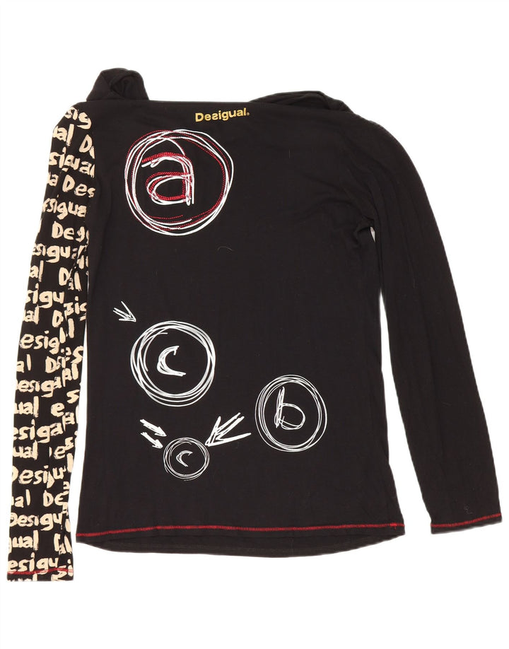 Desigual Mujer Gráfico Top Manga Larga UK 12 Mediano Negro