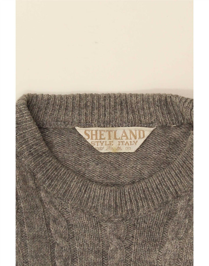 Vintage hombres cuello redondo jersey suéter gris medio lana geométrica