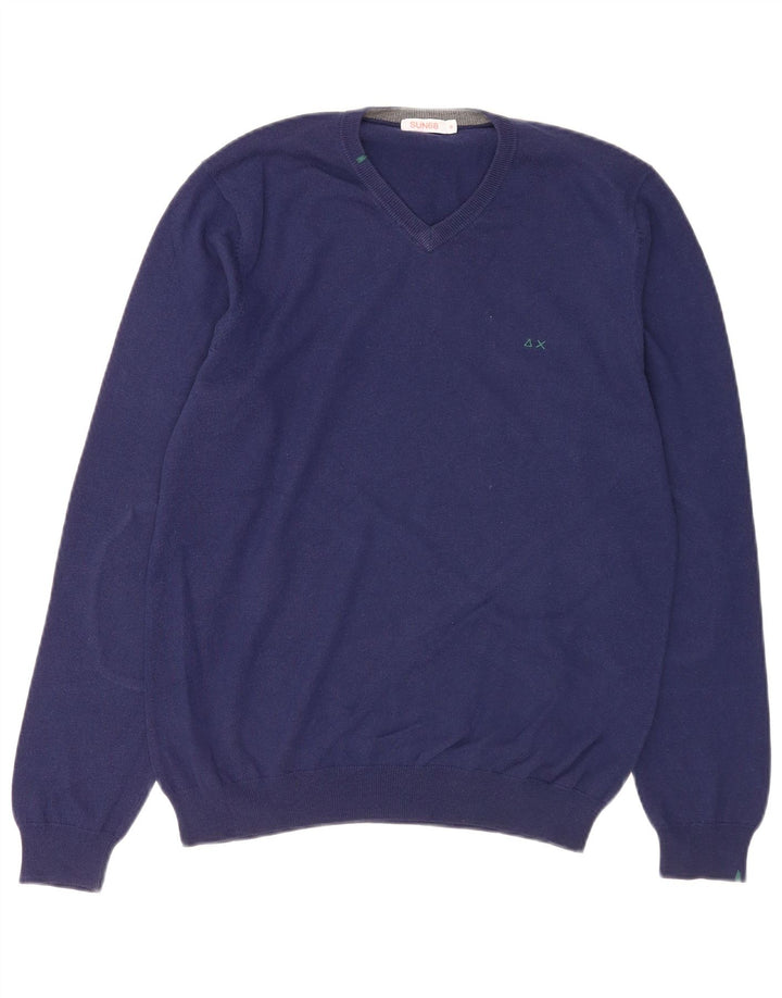 SUN68 Jersey con cuello en V para hombre de lana azul medio