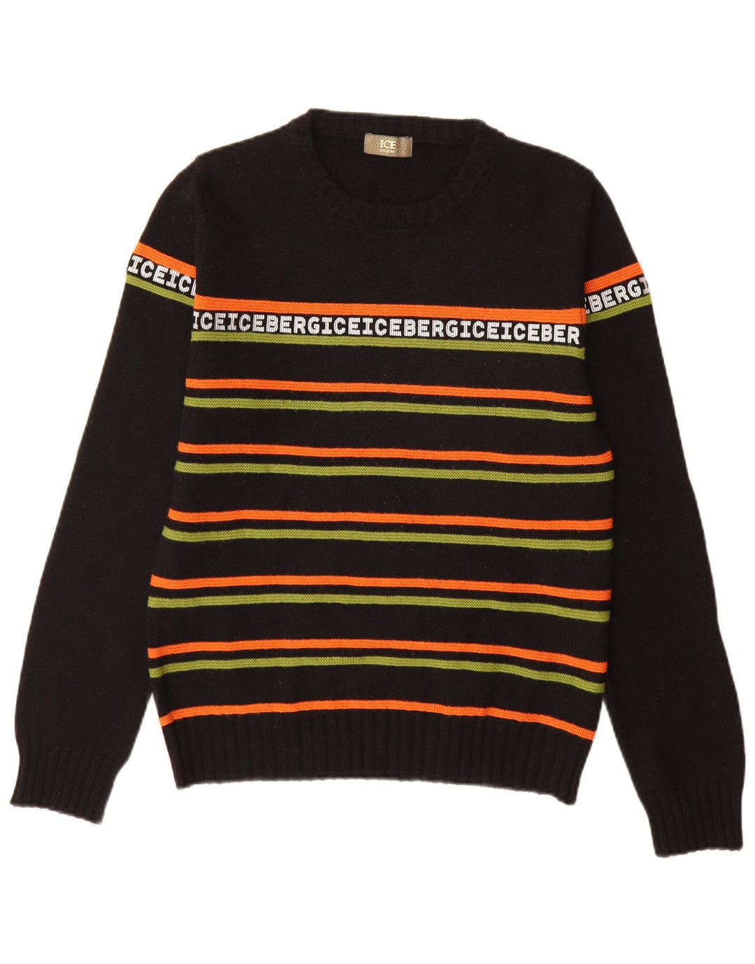 Iceberg Hombre Gráfico Cuello Redondo Jersey Suéter Pequeño Lana A Rayas Negras