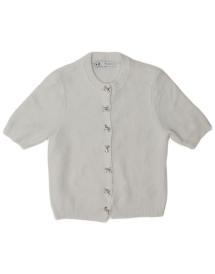 Zara Mujer Cárdigan De Manga Corta Suéter UK 10 Small Blanco Poliamida