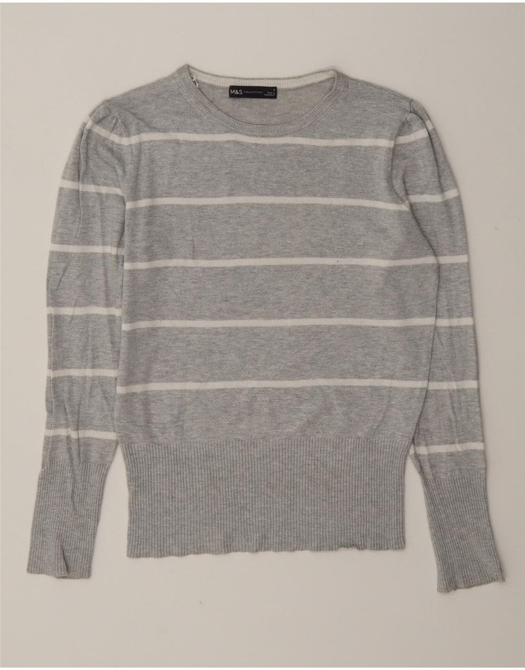 Marks & Spencer Jersey de Cuello Redondo para Mujer UK 8 Small Gris Rayas