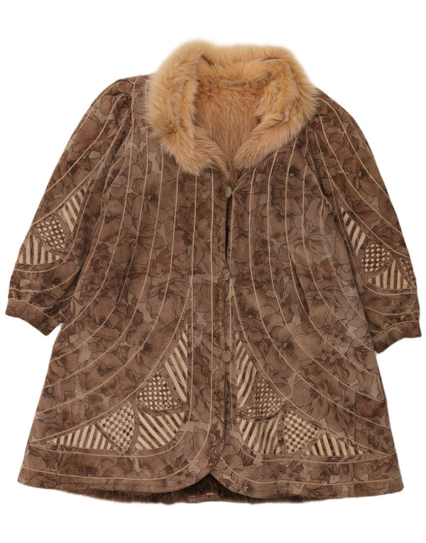 VINTAGE Abrigo reversible de piel sintética para mujer Reino Unido 18 XL Marrón Floral