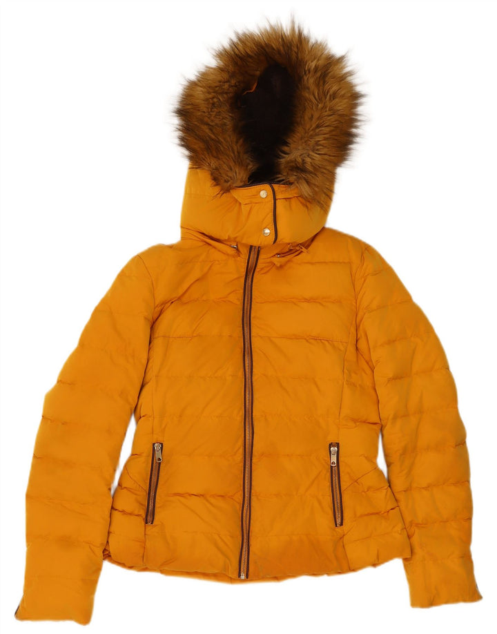 Zara Mujer Chaqueta Acolchada Con Capucha UK 42 Poliéster Amarillo Mediano